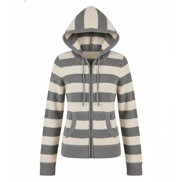 VINCE Cashmere Striped Hooded Full Zip Sweater - M Grey/Cream - Picture 1 of 4